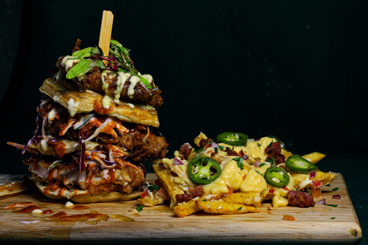 Chicken and waffle stack